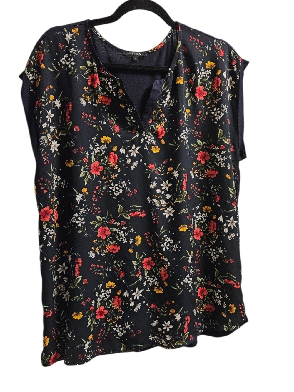 Papermoon Black Floral V-Neck Cap Sleeve Top with Red & Yellow Blooms